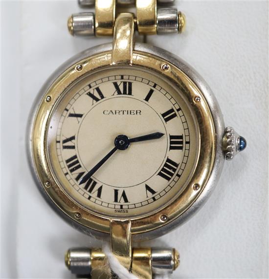 A ladys steel and gold Cartier Panthere Vendome quartz wrist watch, on Cartier steel and gold bracelet.